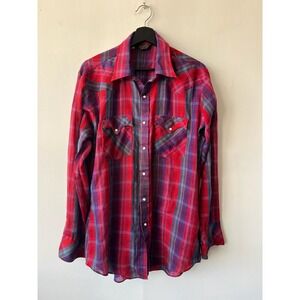 Vintage Dales Western Shirt Mens Large Red Purple Plaid Pearl Snap Made USA 70s